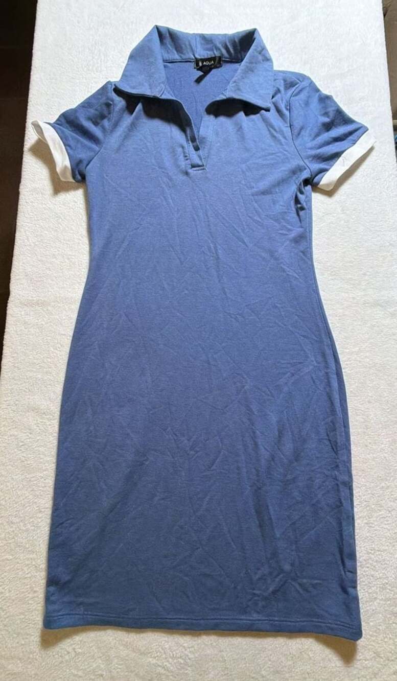 AQUA Women's Blue Short Sleeve Polo Shirt Dress with White Contrast Trim